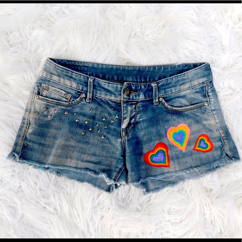 Low Rise Jeans Shorts with Hand Painted Rainbow Hearts OOAK
